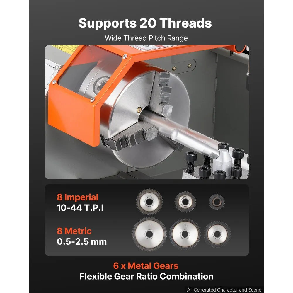 VEVOR Metal Lathe 8" x 16" 1100W Benchtop Multi-Purpose Lathe Machine, for Precision Metalworking Turning, Drilling & Milling Module, 3000 RPM Max Speed, Reversible Direction, with Metal Gears