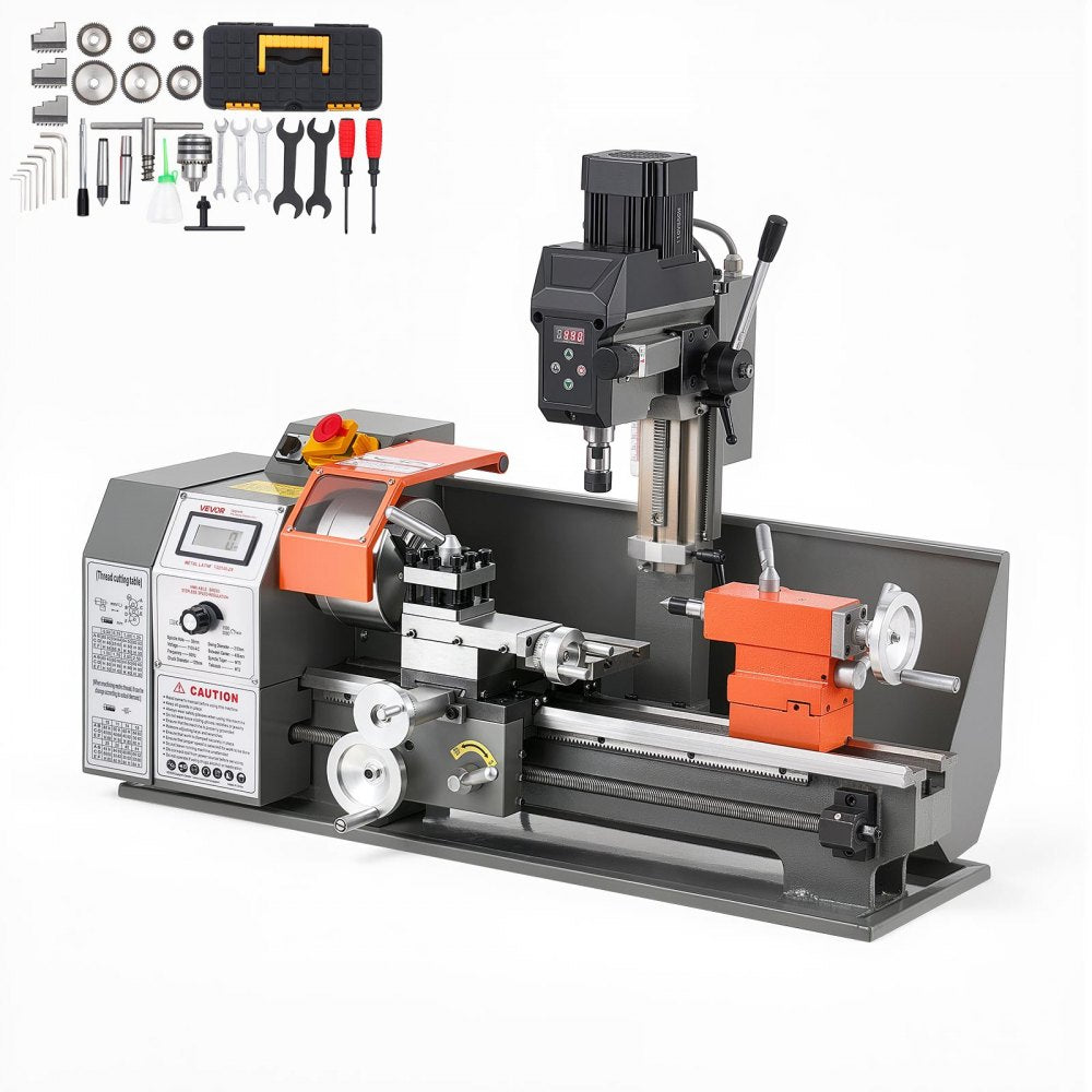 VEVOR Metal Lathe 8" x 16" 1100W Benchtop Multi-Purpose Lathe Machine, for Precision Metalworking Turning, Drilling & Milling Module, 3000 RPM Max Speed, Reversible Direction, with Metal Gears