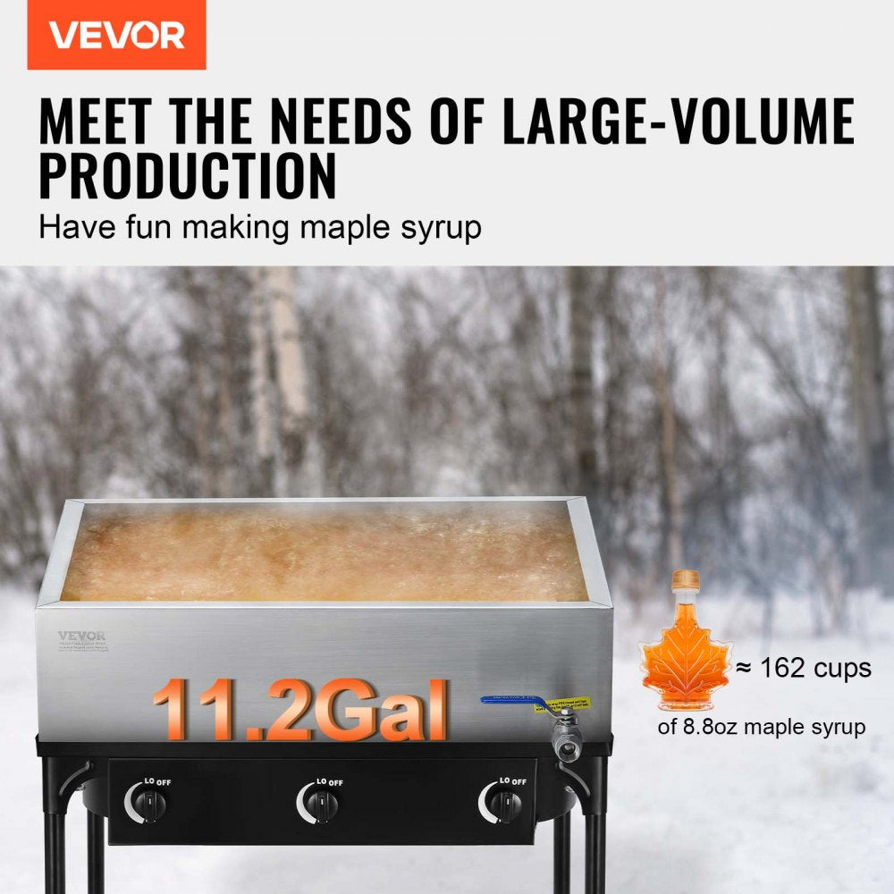 VEVOR Maple Syrup Evaporator Pan, 11.2 Gallon, 162 Cups of 8.8oz Maple Syrup, Flat Evaporator Pan with 1 Valve and 3 Heating Methods, Premium Stainless Steel Maple Syrup Pan for Home, Outdoor