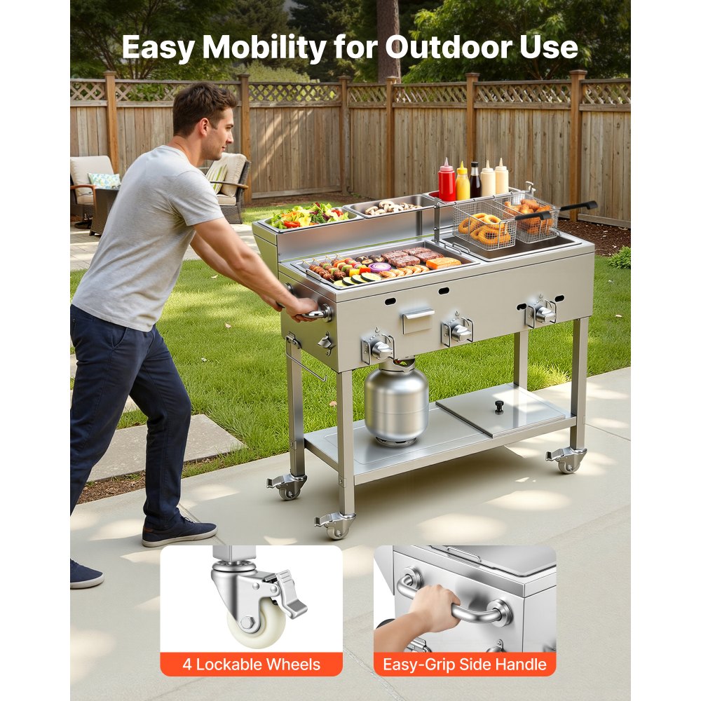 VEVOR Outdoor Propane Fryer & Griddle Combo, 3 Burners (11,600 BTU Each), Commercial Stainless Steel Frying Cart with Wheels, 2 Fryer Baskets & 3 Food Pans, for Hot Dogs, Fried Chicken, Fries, Meats