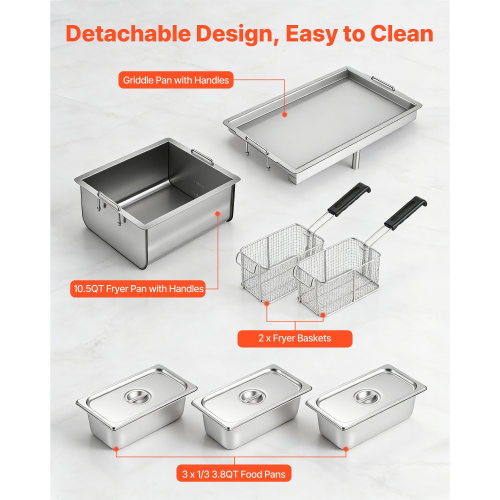 VEVOR Outdoor Propane Fryer & Griddle Combo, 3 Burners (11,600 BTU Each), Commercial Stainless Steel Frying Cart with Wheels, 2 Fryer Baskets & 3 Food Pans, for Hot Dogs, Fried Chicken, Fries, Meats
