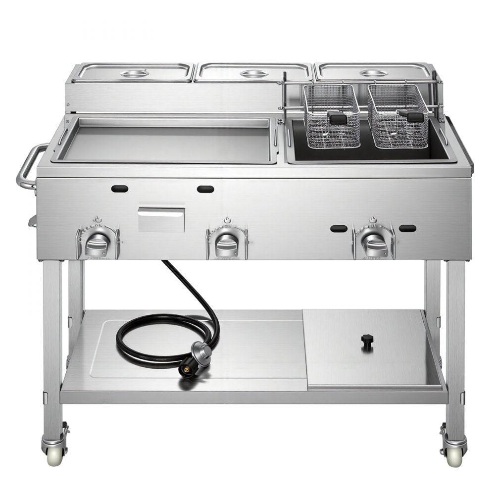 VEVOR Outdoor Propane Fryer & Griddle Combo, 3 Burners (11,600 BTU Each), Commercial Stainless Steel Frying Cart with Wheels, 2 Fryer Baskets & 3 Food Pans, for Hot Dogs, Fried Chicken, Fries, Meats