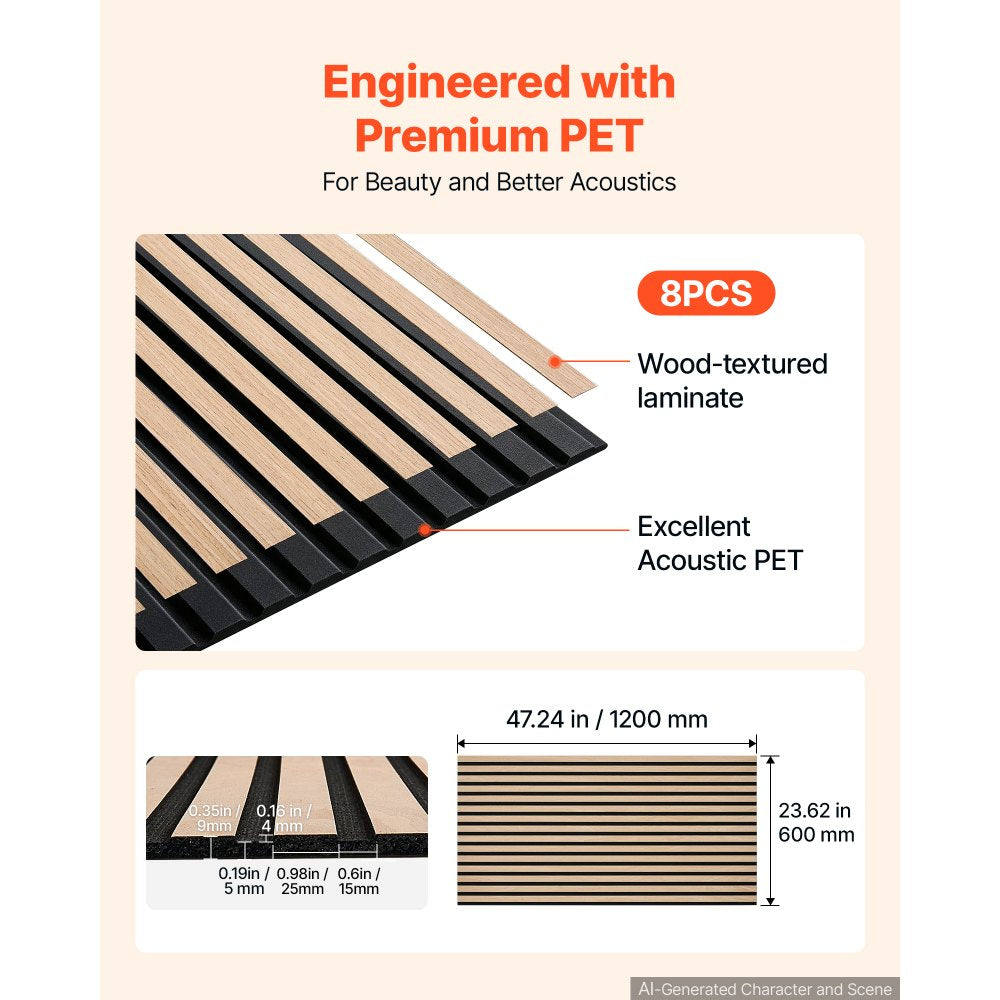 VEVOR Wood Wall Panels, 47.2 x 23.6 inches, Acoustic Slat Panels Oak Finish, Sound Absorbing for Living Rooms, Bedrooms, Offices, and Studios, Interior Wall Decor, PET Construction, Screw Kit, 8-Pack