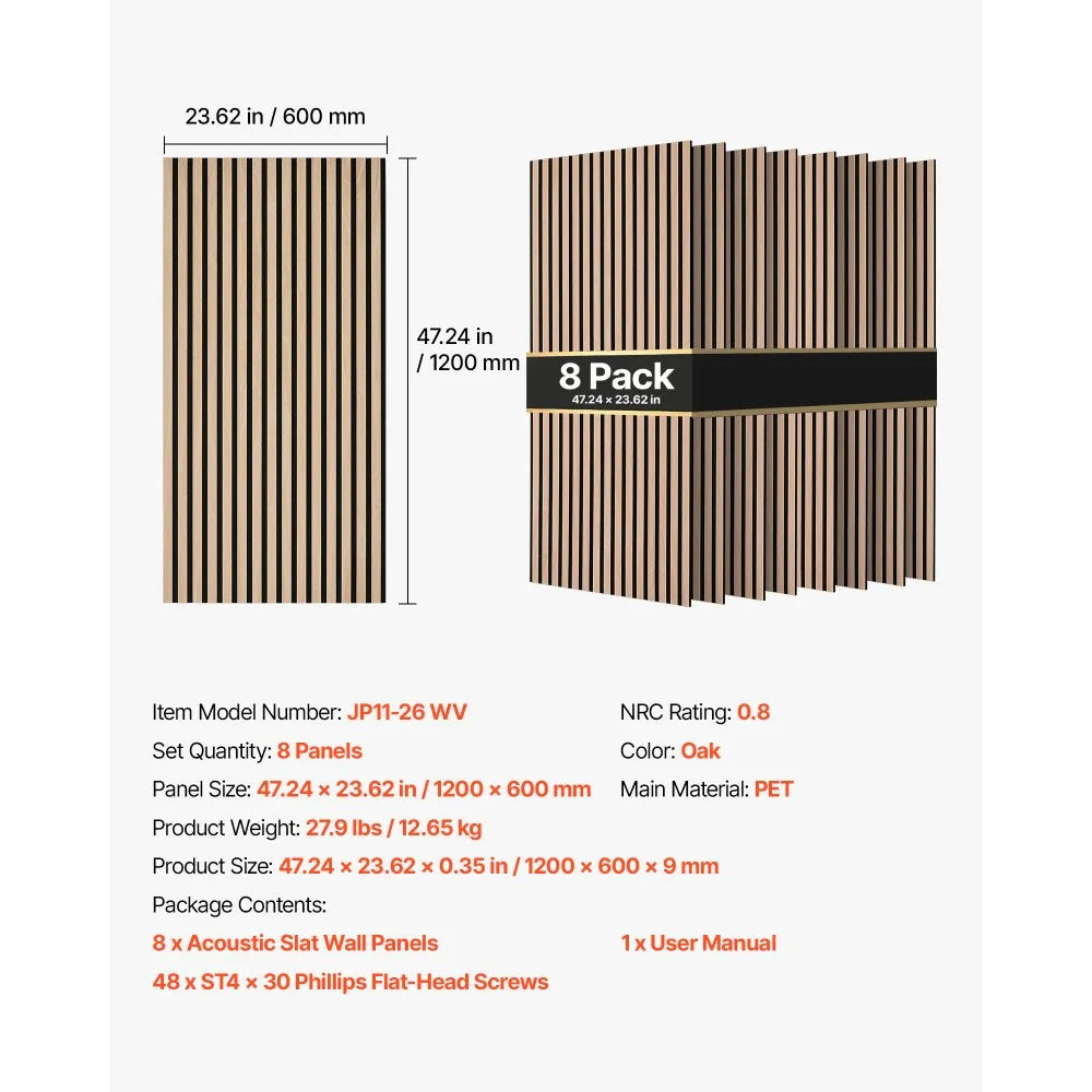 VEVOR Wood Wall Panels, 47.2 x 23.6 inches, Acoustic Slat Panels Oak Finish, Sound Absorbing for Living Rooms, Bedrooms, Offices, and Studios, Interior Wall Decor, PET Construction, Screw Kit, 8-Pack