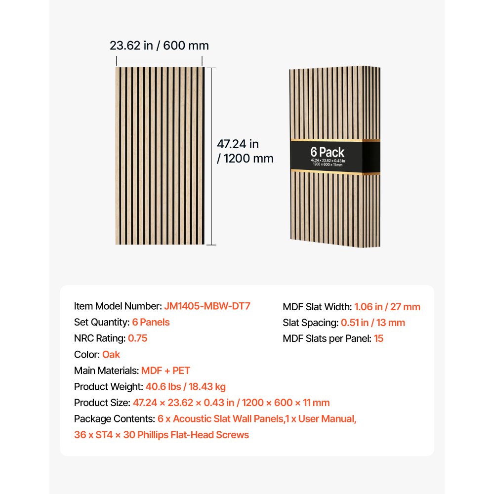 VEVOR Wood Wall Panels, 47.2 x 23.6 in, Acoustic Slat Panels, Oak Finish, Sound Absorbing for Living Rooms, Bedrooms, Offices, Studios, Interior Wall Decor, MDF & PET Construction, Screw Kit, 6-Pack
