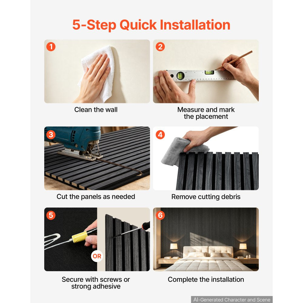 VEVOR Wood Wall Panels, 47.2 x 23.6 in, Acoustic Slat Panels, Black Oak, Sound Absorbing for Living Rooms, Bedrooms, Offices, Studios, Interior Wall Decor, MDF & PET Construction, Screw Kit, 6-Pack