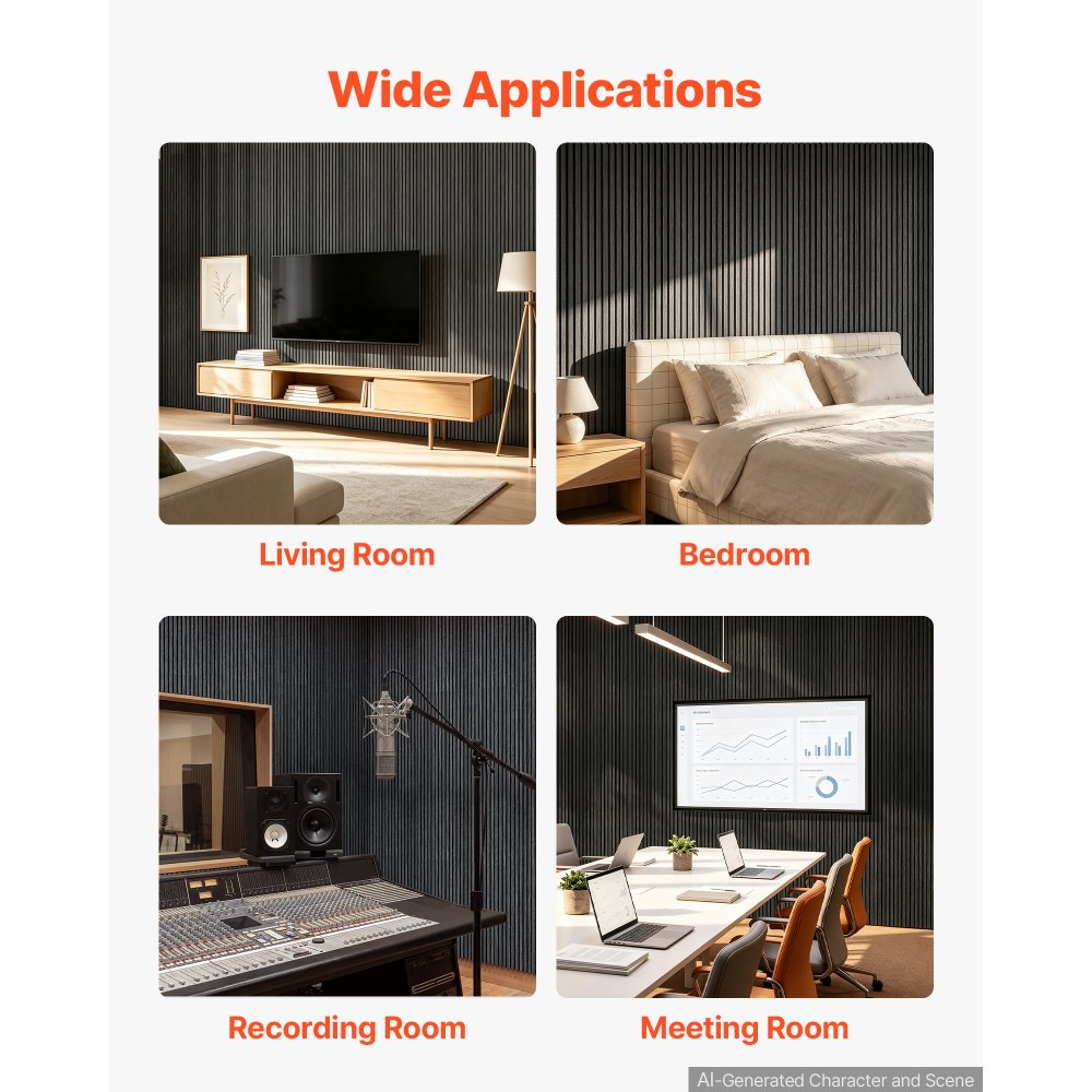 VEVOR Wood Wall Panels, 47.2 x 23.6 in, Acoustic Slat Panels, Black Oak, Sound Absorbing for Living Rooms, Bedrooms, Offices, Studios, Interior Wall Decor, MDF & PET Construction, Screw Kit, 6-Pack