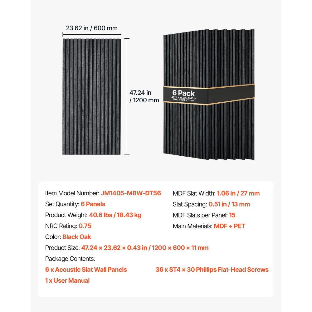 VEVOR Wood Wall Panels, 47.2 x 23.6 in, Acoustic Slat Panels, Black Oak, Sound Absorbing for Living Rooms, Bedrooms, Offices, Studios, Interior Wall Decor, MDF & PET Construction, Screw Kit, 6-Pack