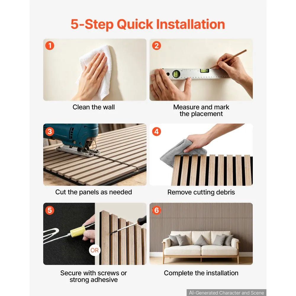 VEVOR Wood Wall Panels, 47.2 x 23.6 inches, Acoustic Slat Panels, Walnut, Sound Absorbing for Living Rooms, Bedrooms, Offices, Studios, Interior Wall Decor, MDF & PET Construction, Screw Kit, 6-Pack