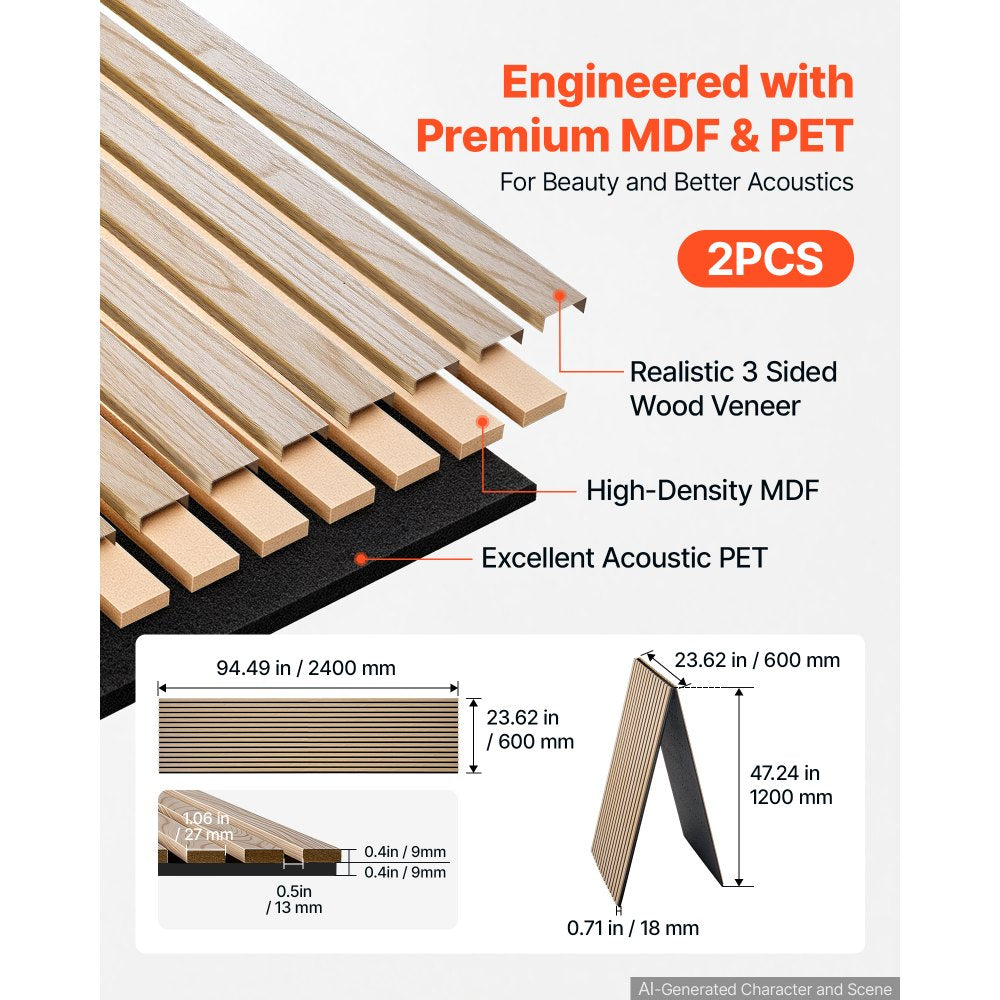 VEVOR Wood Wall Panels, 94.5 x 23.6 in, Acoustic Slat Panels, Oak Finish, Sound Absorbing for Living Rooms, Bedrooms, Offices, Studios, Interior Wall Decor, MDF & PET Construction, Screw Kit, 2-Pack