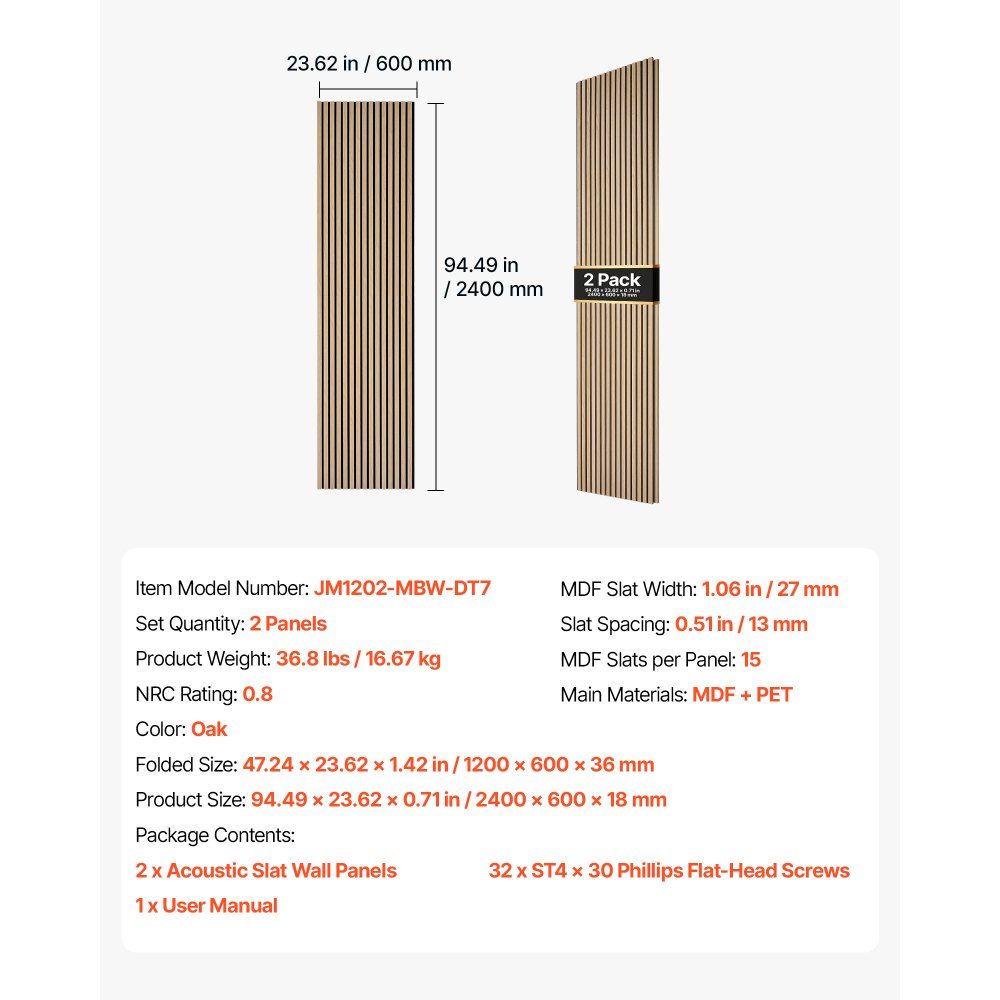 VEVOR Wood Wall Panels, 94.5 x 23.6 in, Acoustic Slat Panels, Oak Finish, Sound Absorbing for Living Rooms, Bedrooms, Offices, Studios, Interior Wall Decor, MDF & PET Construction, Screw Kit, 2-Pack