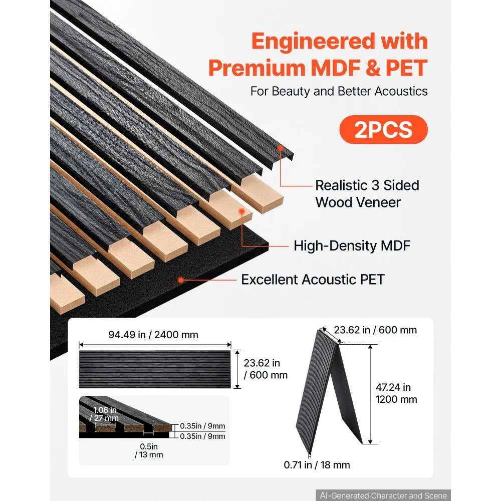 VEVOR Wood Wall Panels, 94.5 x 23.6 inches, Acoustic Slat Panels, Black Oak, Sound Absorbing for Living Rooms, Bedrooms, Offices, Studios, Interior Wall Decor, MDF & PET Construction, Screw Kit, 2-Pack