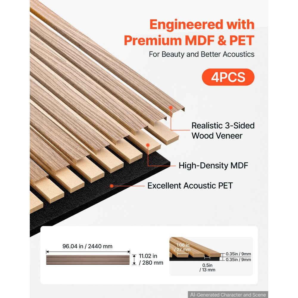 VEVOR Wood Wall Panels, 96.1 x 11 in, Acoustic Slat Panels, Walnut Finish, Sound Absorbing for Living Rooms, Bedrooms, Offices, Studios, Interior Wall Decor, MDF & PET Construction, Screw Kit, 4-Pack