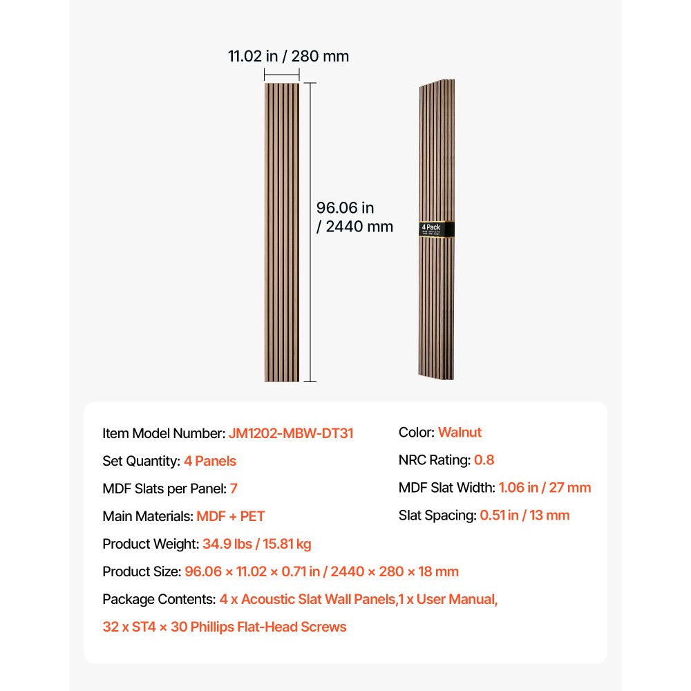 VEVOR Wood Wall Panels, 96.1 x 11 in, Acoustic Slat Panels, Walnut Finish, Sound Absorbing for Living Rooms, Bedrooms, Offices, Studios, Interior Wall Decor, MDF & PET Construction, Screw Kit, 4-Pack
