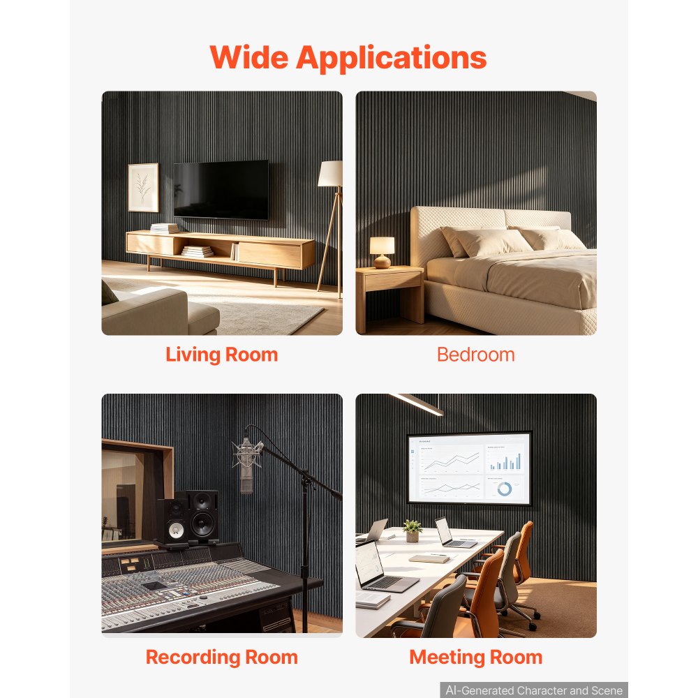 VEVOR Wood Wall Panels, 96.1 x 11 inches, Acoustic Slat Panels, Black Oak, Sound Absorbing for Living Rooms, Bedrooms, Offices, Studios, Interior Wall Decor, MDF & PET Construction, Screw Kit, 4-Pack