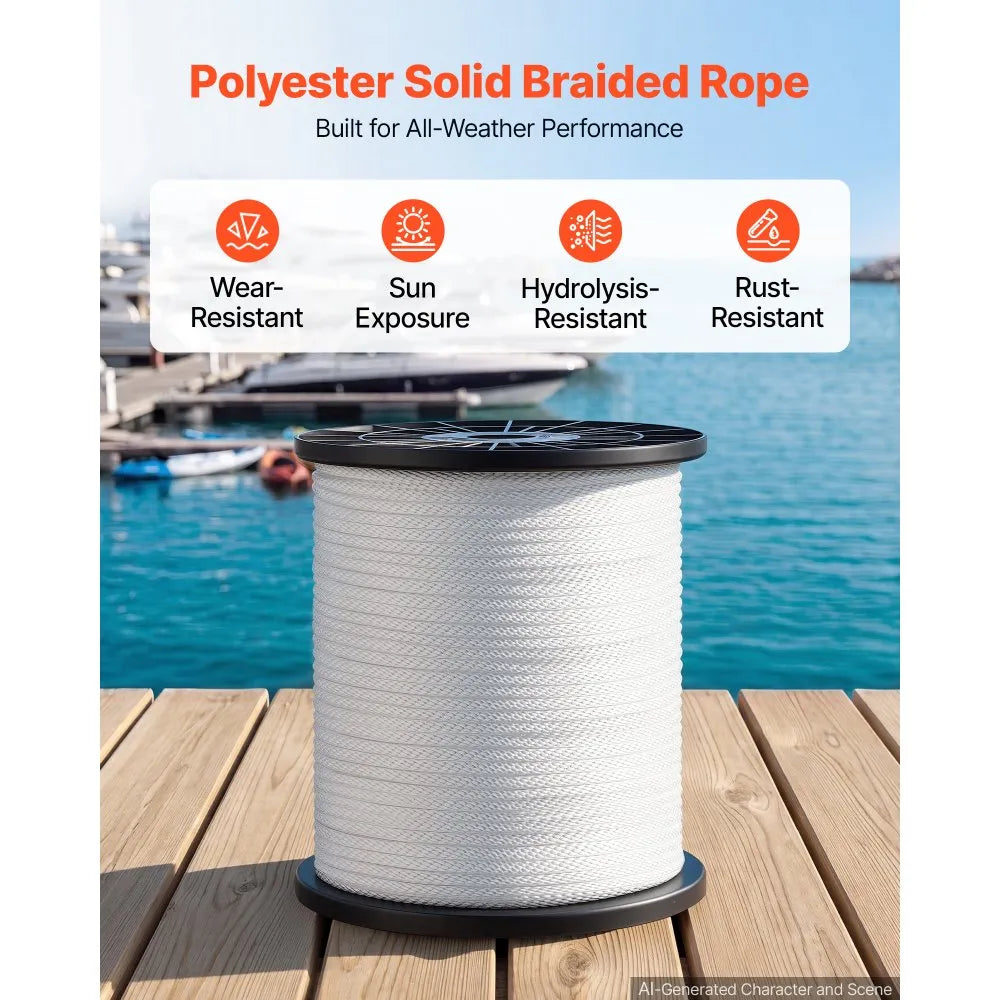 VEVOR Polyester Rope 1/4 in x 500 ft Solid Braid Marine Utility Rope White, for Outdoor Boat Docking, 1150 lbs Breaking Strength, Heavy Duty Low Stretch Sun-Resistant Industrial Cord, Smooth Surface