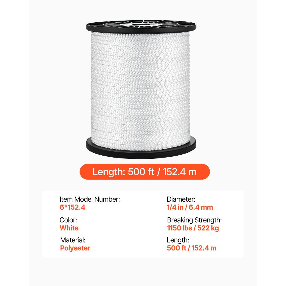 VEVOR Polyester Rope 1/4 in x 500 ft Solid Braid Marine Utility Rope White, for Outdoor Boat Docking, 1150 lbs Breaking Strength, Heavy Duty Low Stretch Sun-Resistant Industrial Cord, Smooth Surface