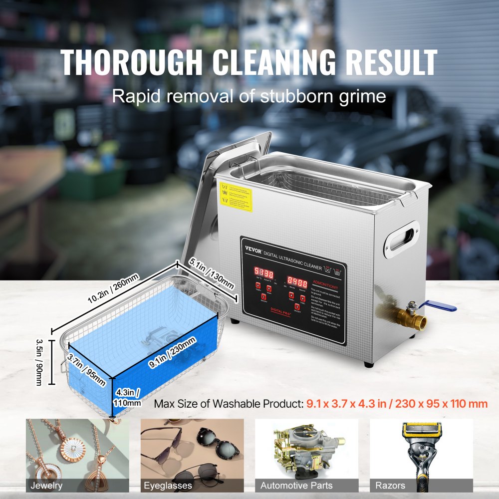 VEVOR Ultrasonic Cleaner with Digital Timer & Heater, Professional Ultra Sonic Jewelry Cleaner, Stainless Steel Heated Cleaning Machine for Glasses Watch Rings Small Parts Circuit Board (6L)