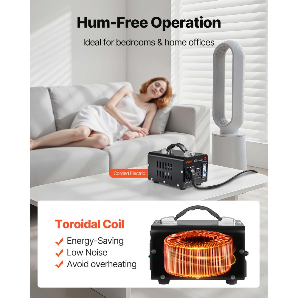 VEVOR Voltage Converter Transformer, 500VA, Heavy Duty Step Up/Down Power Transformer, Convert from 110V to 220V and 220V to 110V, with US Outlet, EU Outlet, Power Cord, Circuit Breaker Protection