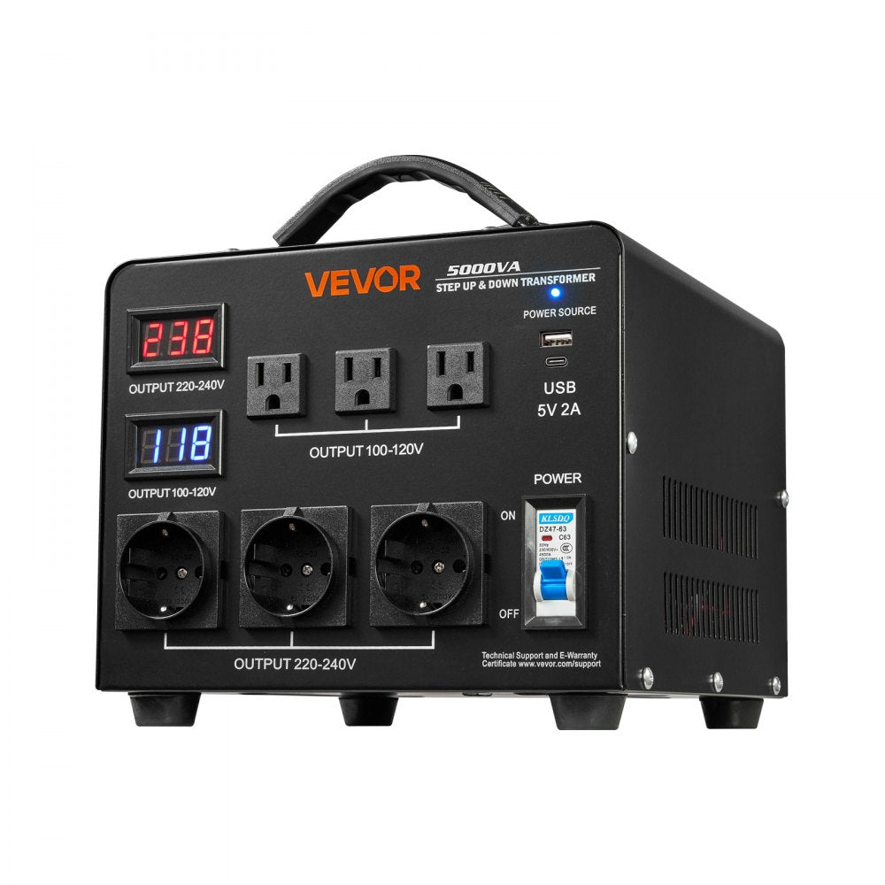 VEVOR Voltage Auto Converter Transformer, 5000VA, Heavy Duty Step Up/Down Power Transformer, 110V to 220V and 220V to 110V, with 3 US Outlets, 3 EU Outlets, LCD Display, Circuit Breaker Protection
