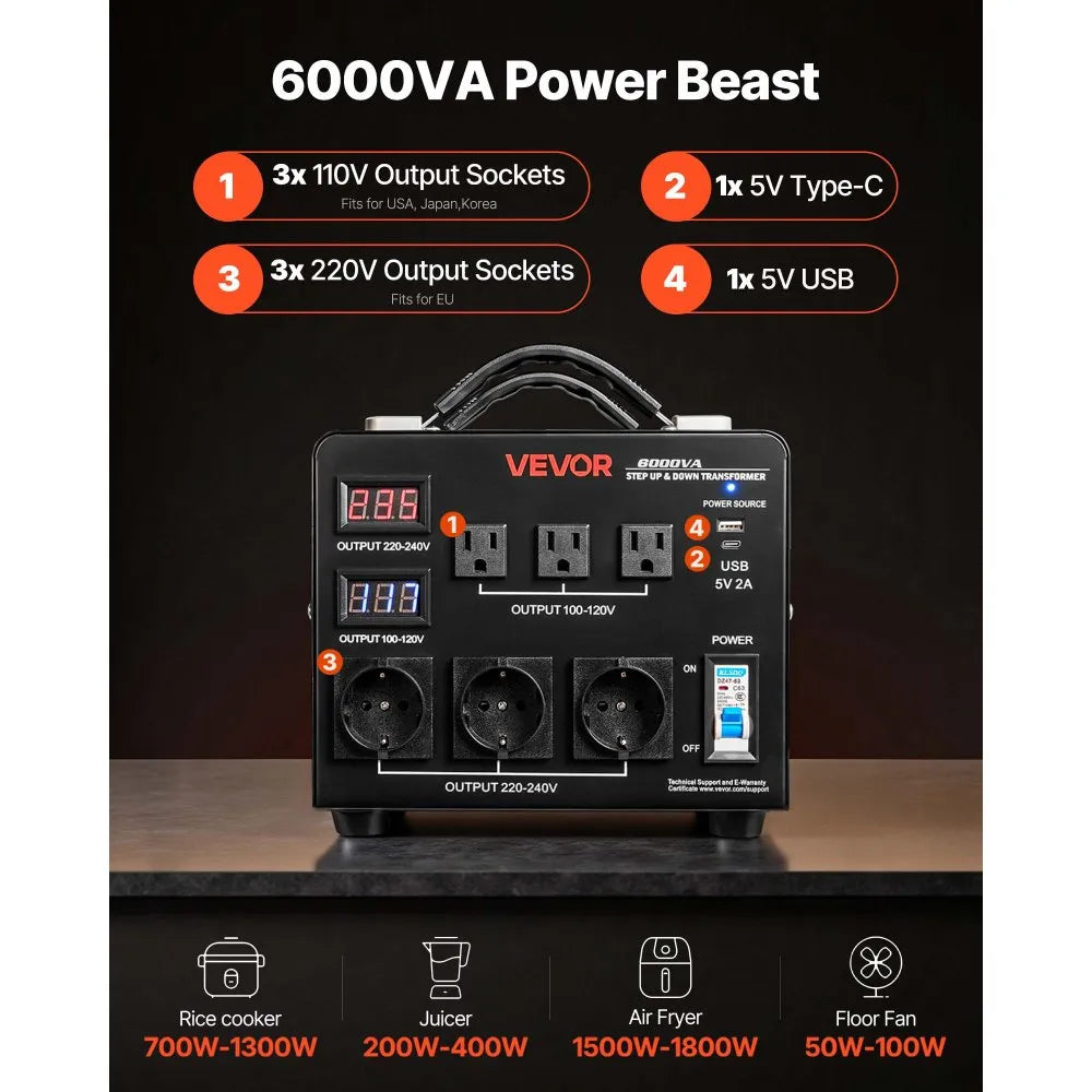 VEVOR Voltage Auto Converter Transformer, 6000VA, Heavy Duty Step Up/Down Power Transformer, 110V to 220V and 220V to 110V, with 3 US Outlets, 3 EU Outlets, LCD Display, Circuit Breaker Protection