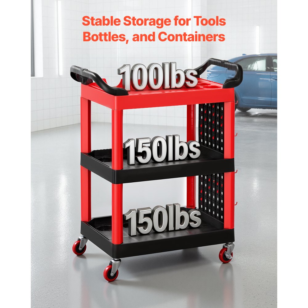 VEVOR Utility Cart, 300 lbs Capacity, 3 Tier Service Cart with 360° Swivel Wheels (2 with Brakes), Heavy Duty Plastic Rolling with Trays and Pegboards, Tool Storage for Garage, Warehouse & Repair Shop