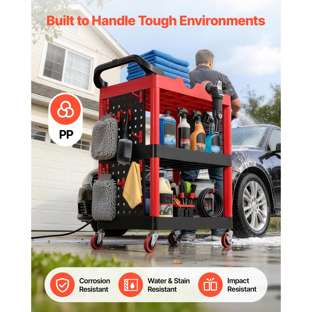 VEVOR Utility Cart, 300 lbs Capacity, 3 Tier Service Cart with 360° Swivel Wheels (2 with Brakes), Heavy Duty Plastic Rolling with Trays and Pegboards, Tool Storage for Garage, Warehouse & Repair Shop