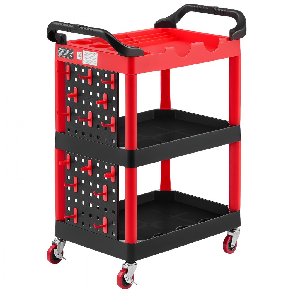 VEVOR Utility Cart, 300 lbs Capacity, 3 Tier Service Cart with 360° Swivel Wheels (2 with Brakes), Heavy Duty Plastic Rolling with Trays and Pegboards, Tool Storage for Garage, Warehouse & Repair Shop