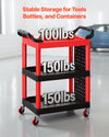 VEVOR Utility Cart, 300 lbs Capacity, 3 Tier Service Cart with 360° Swivel Wheels (2 with Brakes), Heavy Duty Plastic Rolling with Trays and Pegboards, Tool Storage for Garage, Warehouse & Repair Shop