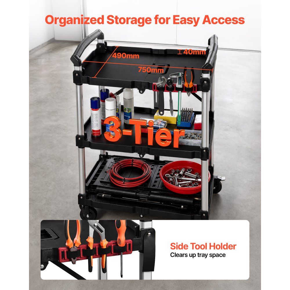 VEVOR Utility Cart, 300 lbs Capacity, 3 Tier Folding Service Cart with 360° Swivel Wheels (2 with Brakes), Heavy Duty Rolling with Trays & Side Tool Holder, Tool Storage for Garage Warehouse Workshop