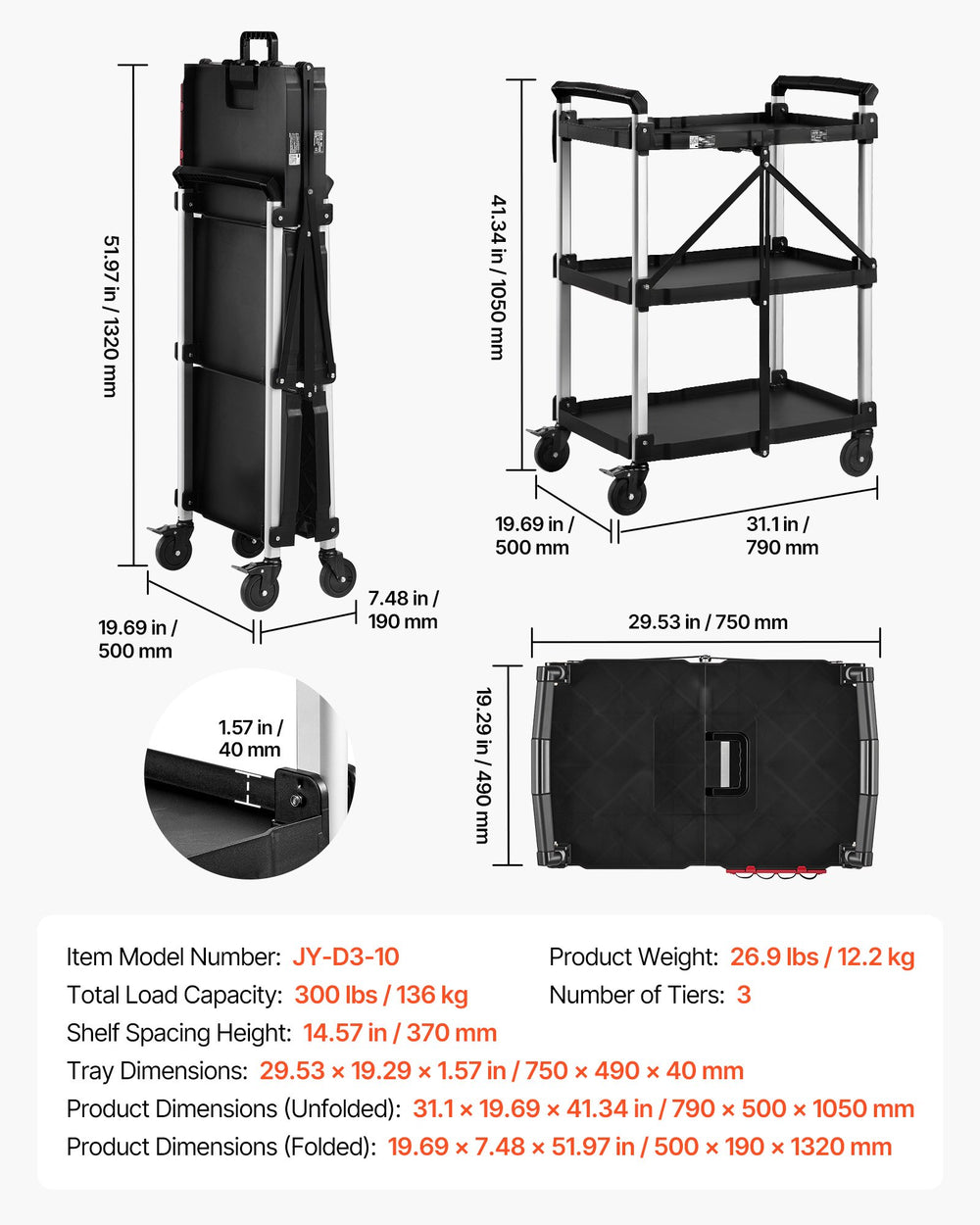 VEVOR Utility Cart, 300 lbs Capacity, 3 Tier Folding Service Cart with 360° Swivel Wheels (2 with Brakes), Heavy Duty Rolling with Trays & Side Tool Holder, Tool Storage for Garage Warehouse Workshop