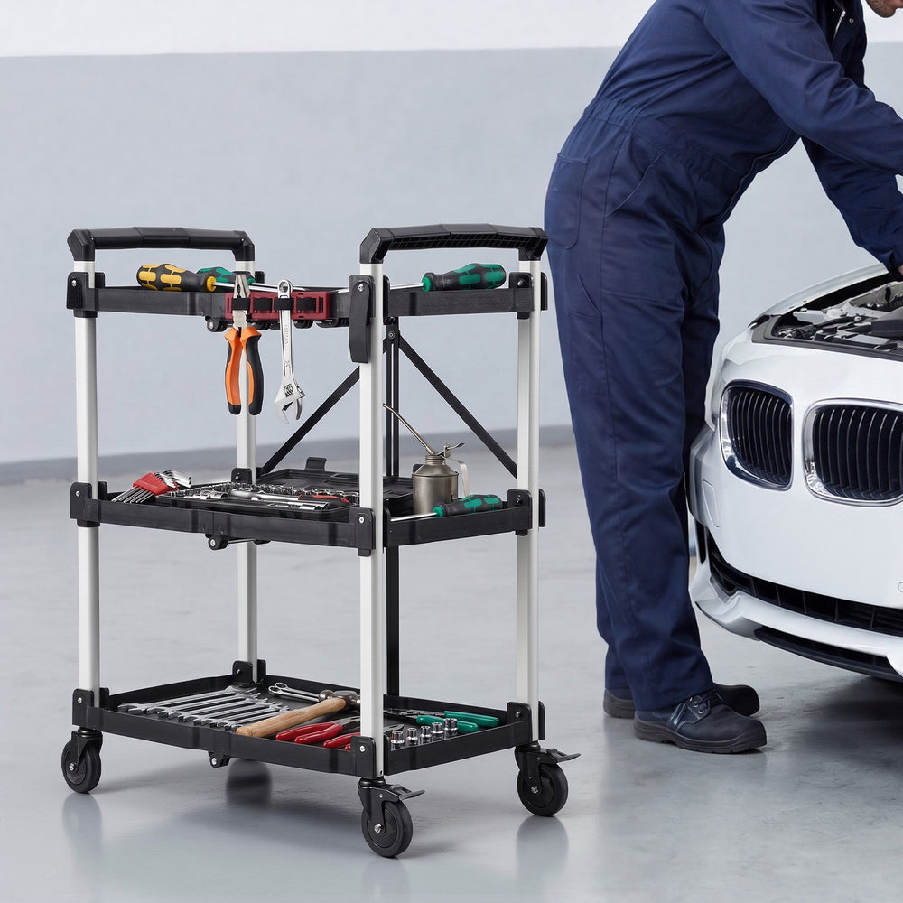 VEVOR Utility Cart, 300 lbs Capacity, 3 Tier Folding Service Cart with 360° Swivel Wheels (2 with Brakes), Heavy Duty Rolling with Trays & Side Tool Holder, Tool Storage for Garage Warehouse Workshop