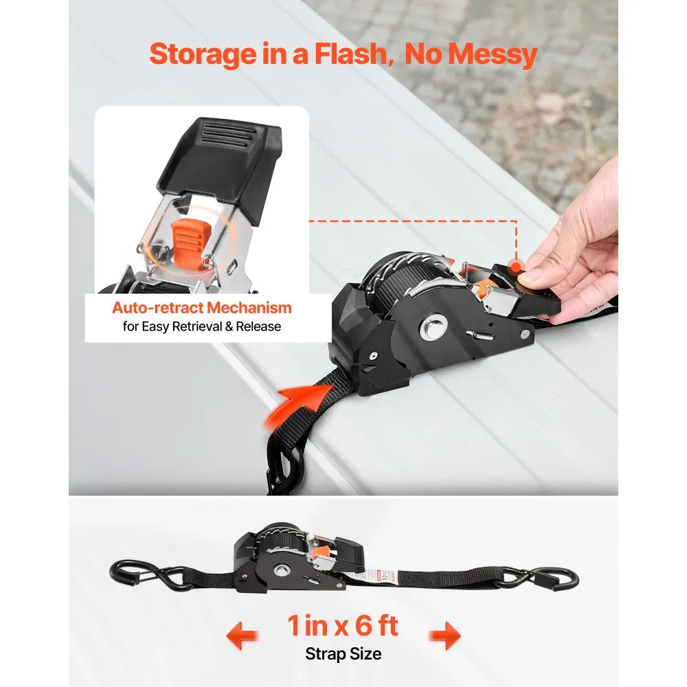 VEVOR Retractable Ratchet Straps, 1 in x 6 ft, Tie Down Straps with S Hooks, 1200 lbs Break Strength, 4 Soft Loops, Tie Down Ratcheting for Moving, Trailers, Motorcycles, Kayaks, Car Roof, 4 Pack