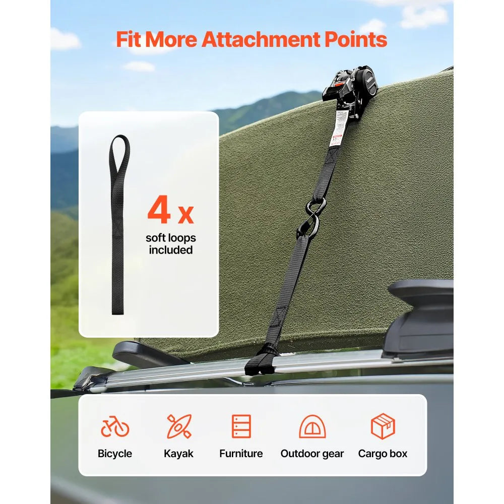 VEVOR Retractable Ratchet Straps, 1 in x 6 ft, Tie Down Straps with S Hooks, 1200 lbs Break Strength, 4 Soft Loops, Tie Down Ratcheting for Moving, Trailers, Motorcycles, Kayaks, Car Roof, 4 Pack