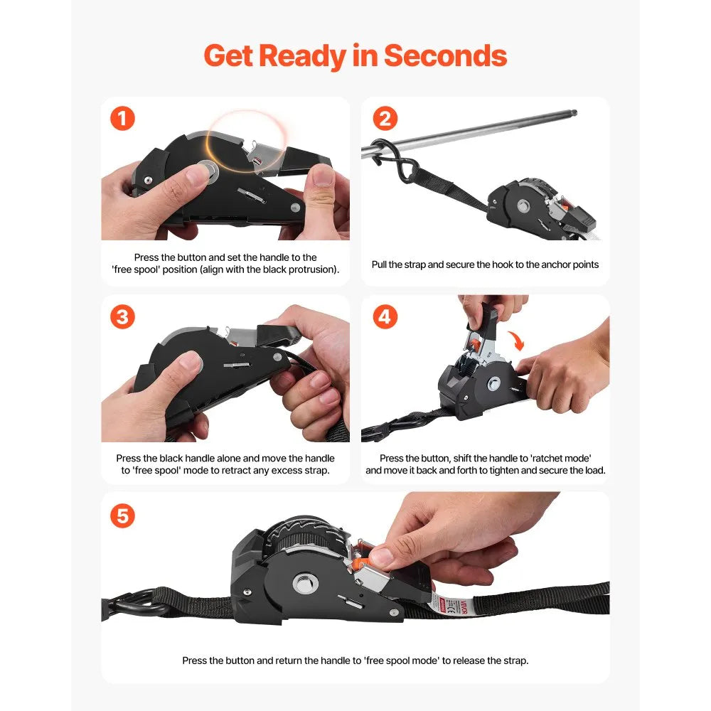 VEVOR Retractable Ratchet Straps, 1 in x 6 ft, Tie Down Straps with S Hooks, 1200 lbs Break Strength, 4 Soft Loops, Tie Down Ratcheting for Moving, Trailers, Motorcycles, Kayaks, Car Roof, 4 Pack