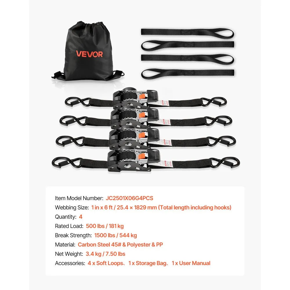 VEVOR Retractable Ratchet Straps, 1 in x 6 ft, Tie Down Straps with S Hooks, 1200 lbs Break Strength, 4 Soft Loops, Tie Down Ratcheting for Moving, Trailers, Motorcycles, Kayaks, Car Roof, 4 Pack