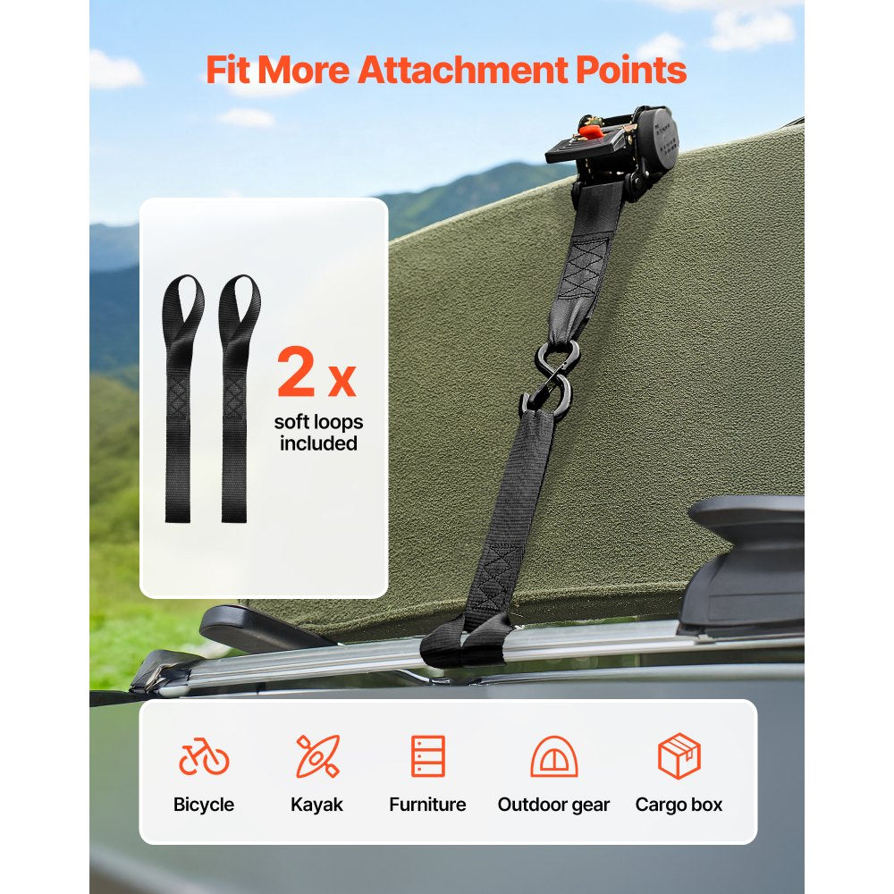 VEVOR Retractable Ratchet Straps, 2 in x 10 ft, Tie Down Straps with S Hooks, 3033 lbs Break Strength, 2 Soft Loops, Tie Down Ratcheting for Moving, Trailers, Motorcycles, Kayaks, Car Roof, 2 Pack
