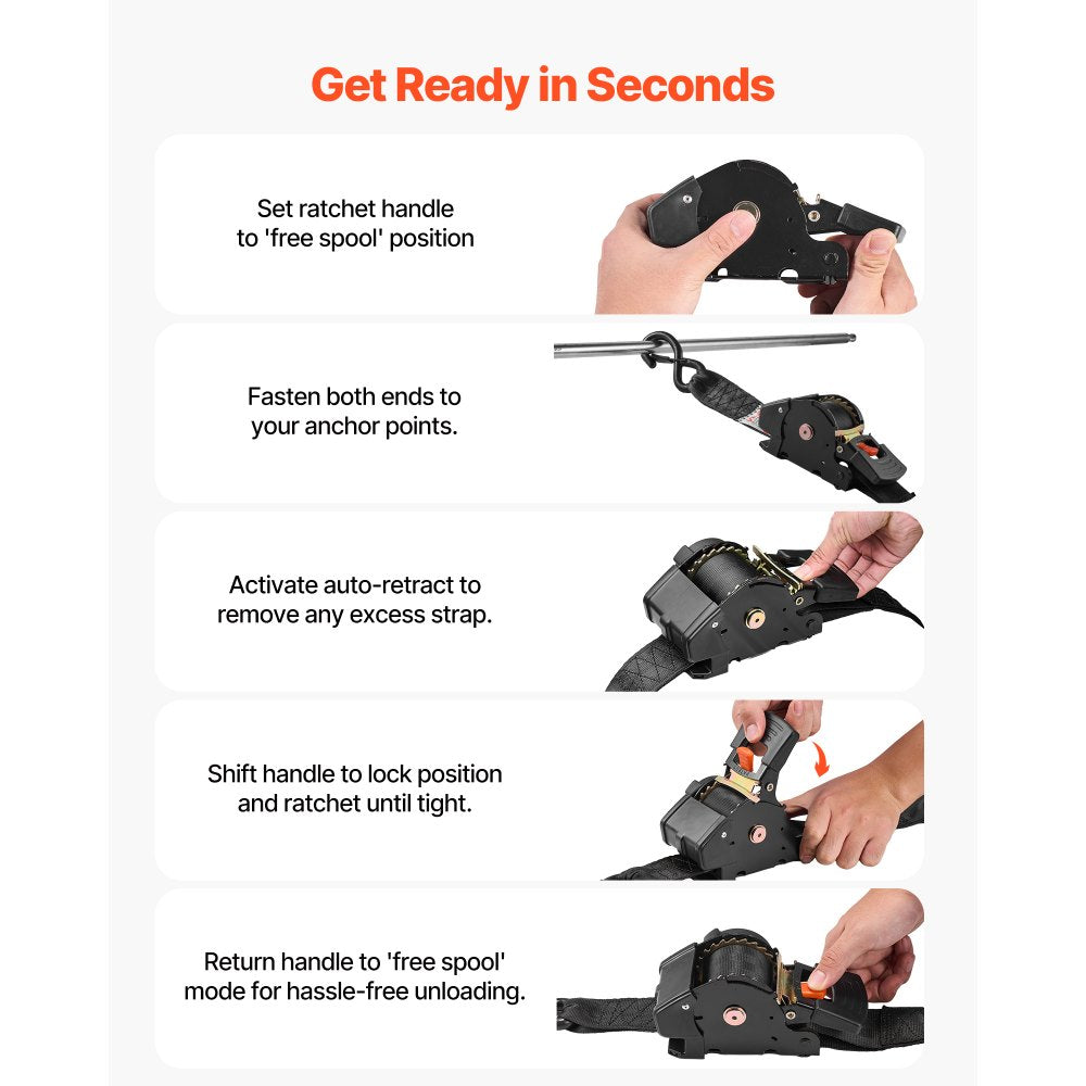 VEVOR Retractable Ratchet Straps, 2 in x 10 ft, Tie Down Straps with S Hooks, 3033 lbs Break Strength, 2 Soft Loops, Tie Down Ratcheting for Moving, Trailers, Motorcycles, Kayaks, Car Roof, 2 Pack