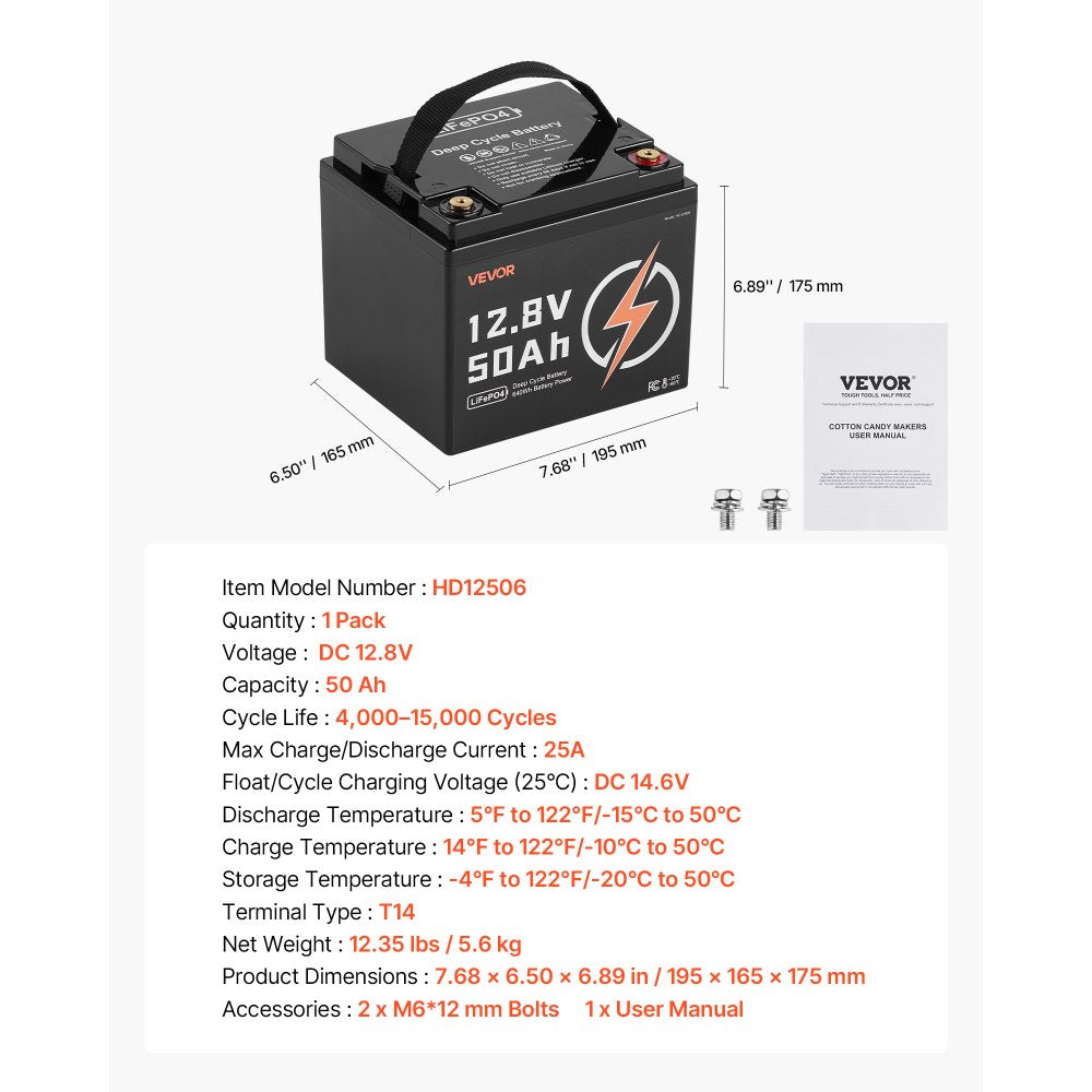 VEVOR 12V 50Ah LiFePO4 Battery, Up to 15000 Cycles, Deep Cycle Lithium Iron Phosphate Battery with Built-in BMS, Low Temperature Protection, 10 Years Lifetime, for Solar Off-Grid Home Energy Storage