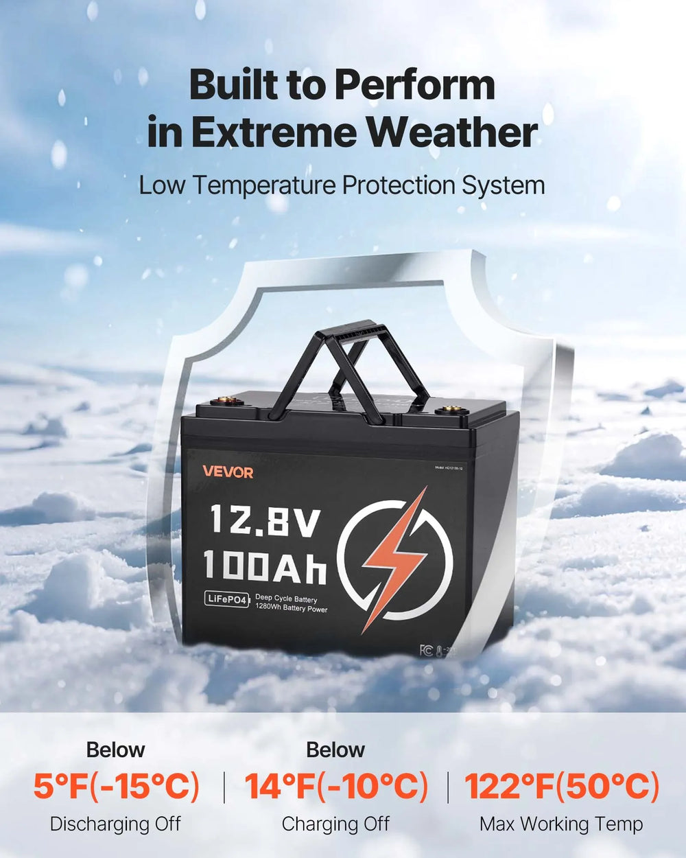 VEVOR 12V 100Ah LiFePO4 Battery, Up to 15000 Cycles, Deep Cycle Lithium Iron Phosphate Battery with Built-in BMS, Low Temperature Protection, 10 Years Lifetime, for Solar Off-Grid Home Energy Storage