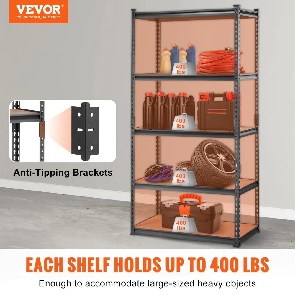 VEVOR Storage Shelving Unit, 5-Tier Adjustable, 2000 lbs Capacity, Heavy Duty Garage Shelves Metal Organizer Utility Rack, Black, 35" L x 18" W x 71" H for Kitchen Pantry Basement Bathroom Laundry