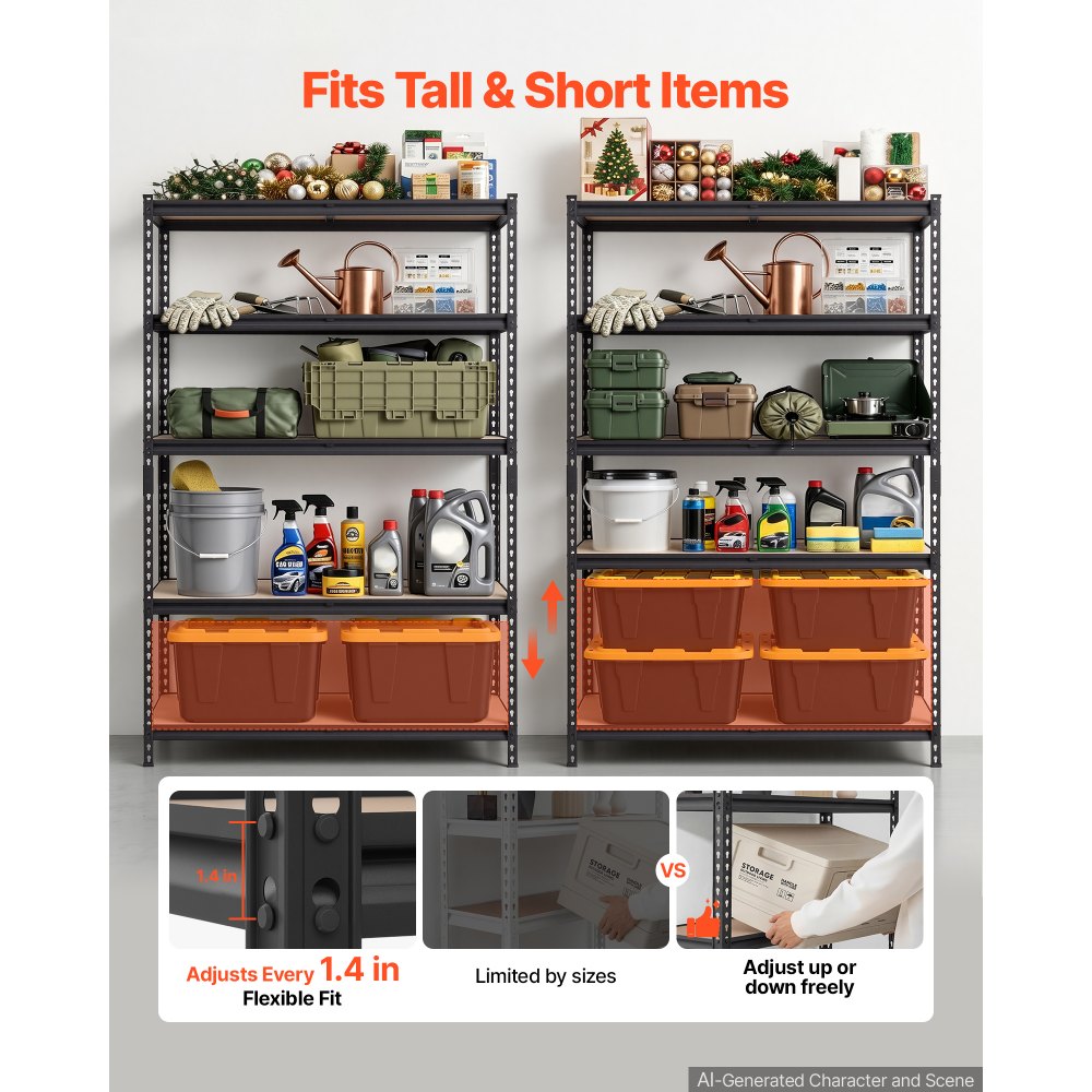 VEVOR Storage Shelves, 5-Tier Adjustable, 2000 lbs Capacity, Heavy Duty Garage Storage Shelving Unit, Metal Utility Rack Shelf, for Garage Warehouse Basement Kitchen, 48.35" W x 18.07" D x 71.38" H
