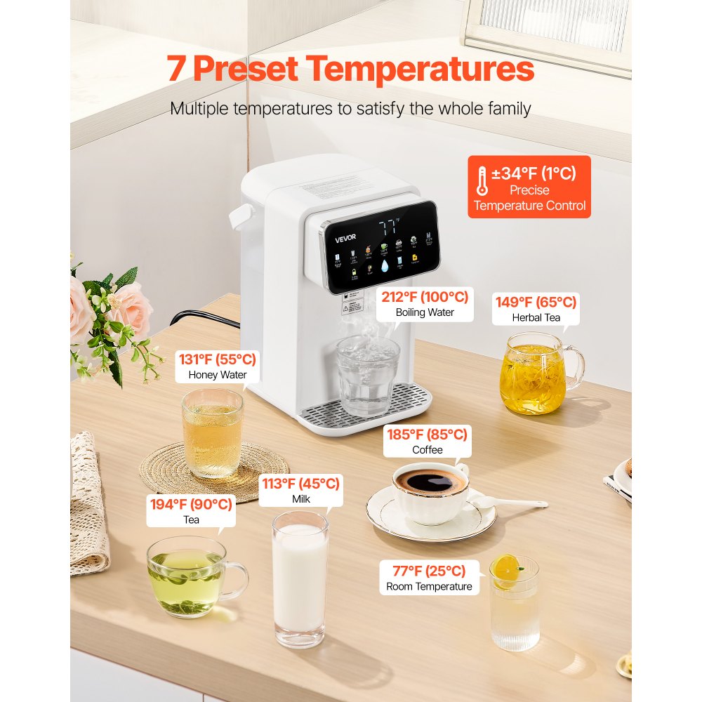 VEVOR Instant Hot Water Dispenser, Countertop Boiling Water Dispenser with Adjustable 7 Temperatures & 7 Water Volumes, 118oz Removable Water Tank, Quick Heating with Touchscreen & Child Lock for Home