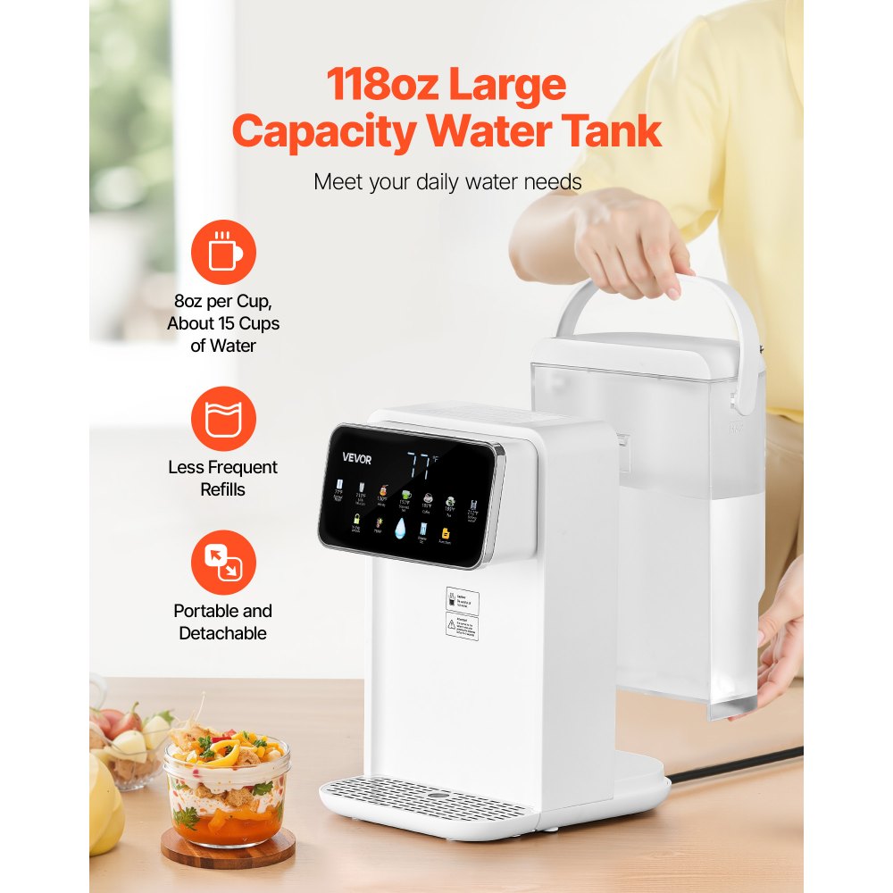 VEVOR Instant Hot Water Dispenser, Countertop Boiling Water Dispenser with Adjustable 7 Temperatures & 7 Water Volumes, 118oz Removable Water Tank, Quick Heating with Touchscreen & Child Lock for Home