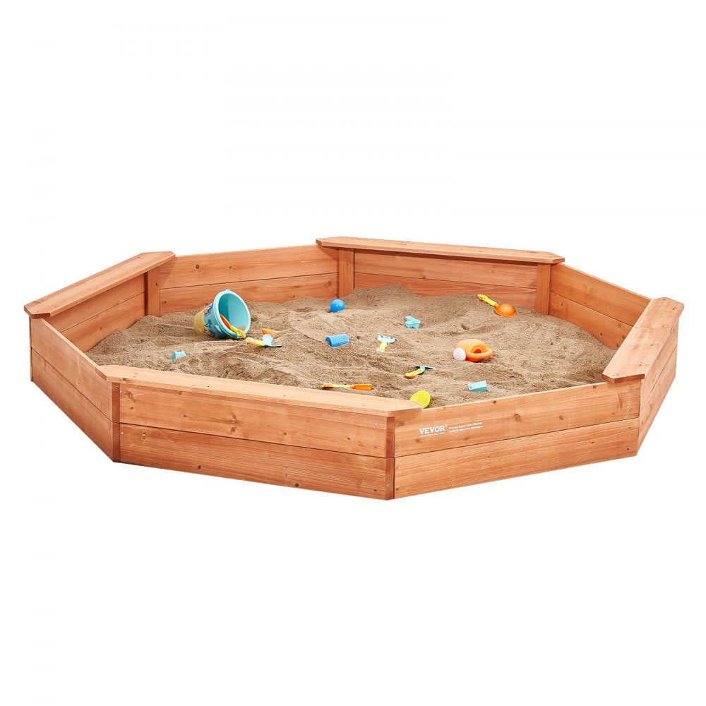 VEVOR Wooden Sandbox with Cover, 75.6 x 75.6 x 9.1 in Octagonal Sand Box, Sand Pit with 4 Seating and Bottom Liner, Kids Sandbox for Outdoor Backyard, Beach, Park, Gift for Boys Girls Ages 3-12