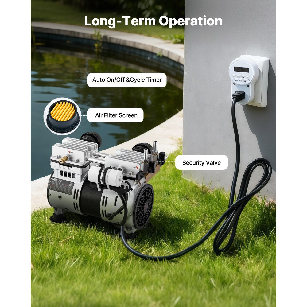 VEVOR Pond Aerators, 6.7CFM Aeration System for Lakes up to 3 Acres, 1 HP Air Compressor, 4 Diffusers & Four 100' Weighted Tubing, Outdoor Pond Aeration Pump for Deep Water Oxygen Circulation