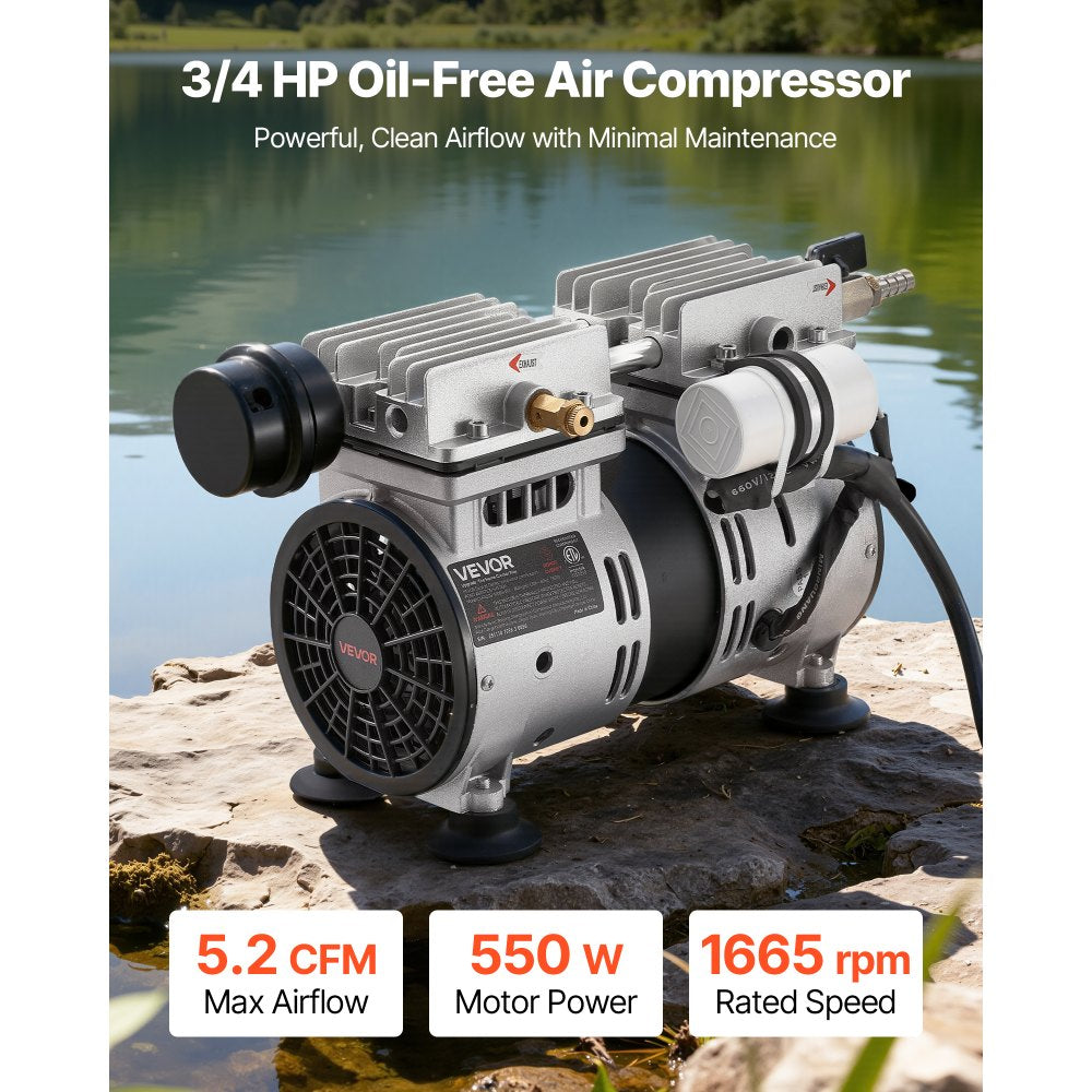 VEVOR Pond Aerator,5.2CFM 3/4 HP Air Compressor, Lake Aerator for Ponds up to 3 Acres, Overheat Protection & Anti-Backflow Valve, 550W Powerful Motor, Pond Aeration Pump for Water Oxygen Circulation
