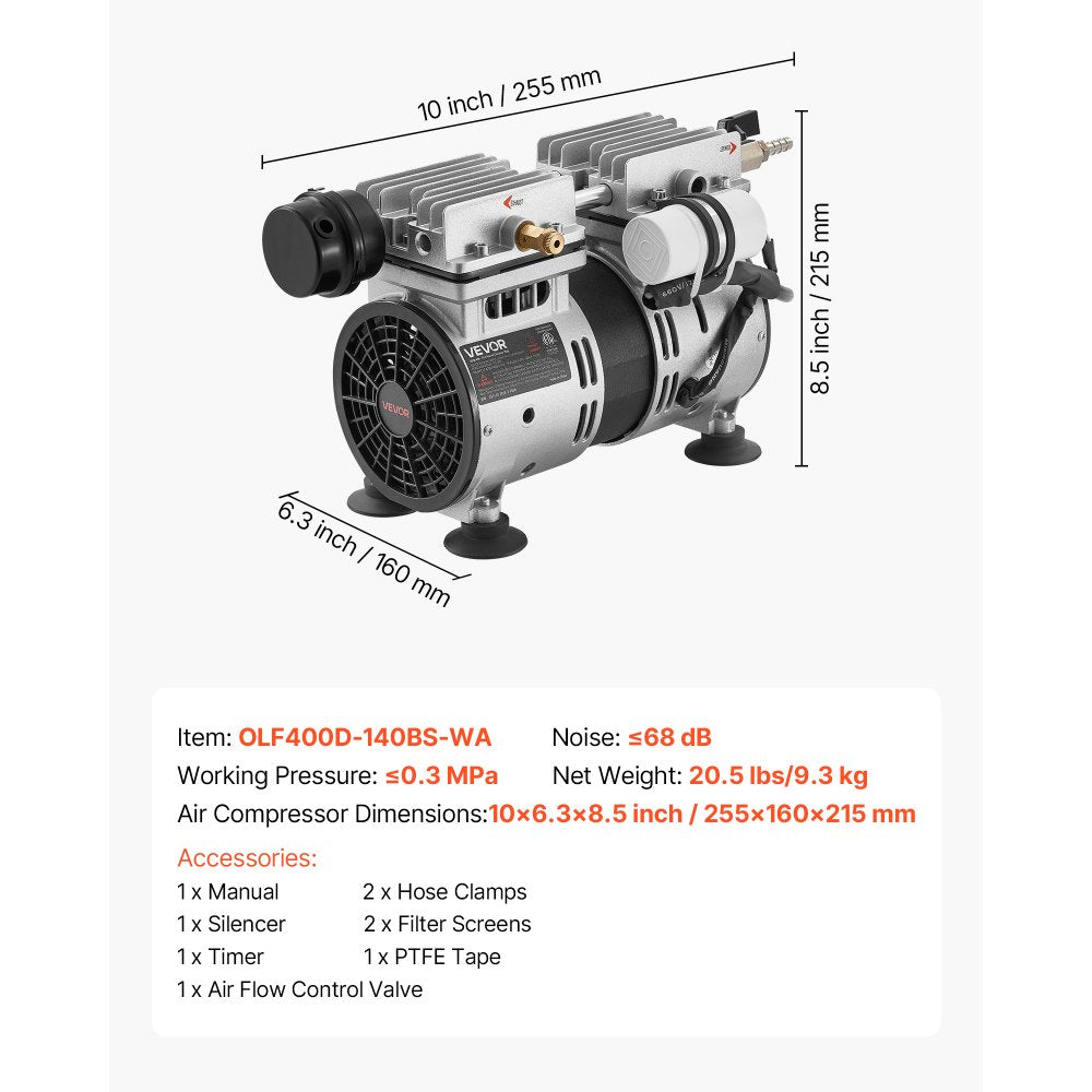 VEVOR Pond Aerator,5.2CFM 3/4 HP Air Compressor, Lake Aerator for Ponds up to 3 Acres, Overheat Protection & Anti-Backflow Valve, 550W Powerful Motor, Pond Aeration Pump for Water Oxygen Circulation