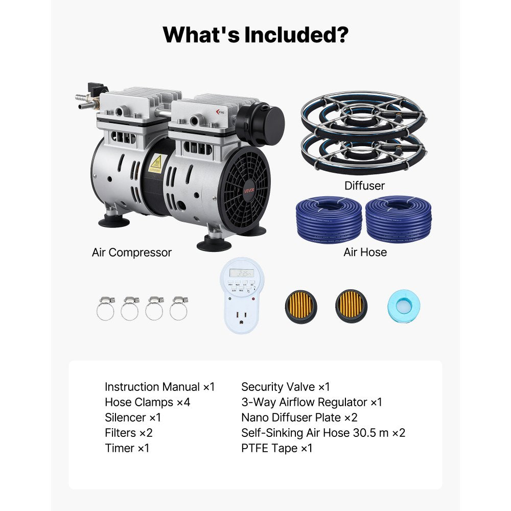 VEVOR Pond Aerators, 5.2CFM Aeration System for Lake up to 3 Acres, 3/4 HP Air Compressor, 2 Diffusesr & Two100' Weighted Tubings, Aeration Pump for Outdoor Ponds & Lakes Deep Water Oxygen Circulation