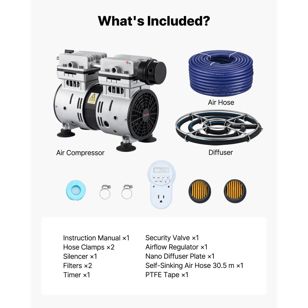 VEVOR Pond Aerators, 5.2CFM Aeration System for Lake up to 3 Acres, 3/4 HP Air Compressor, 1 Diffuser & 100' Weighted Tubings, Aeration Pump for Outdoor Ponds & Lakes Deep Water Oxygen Circulation